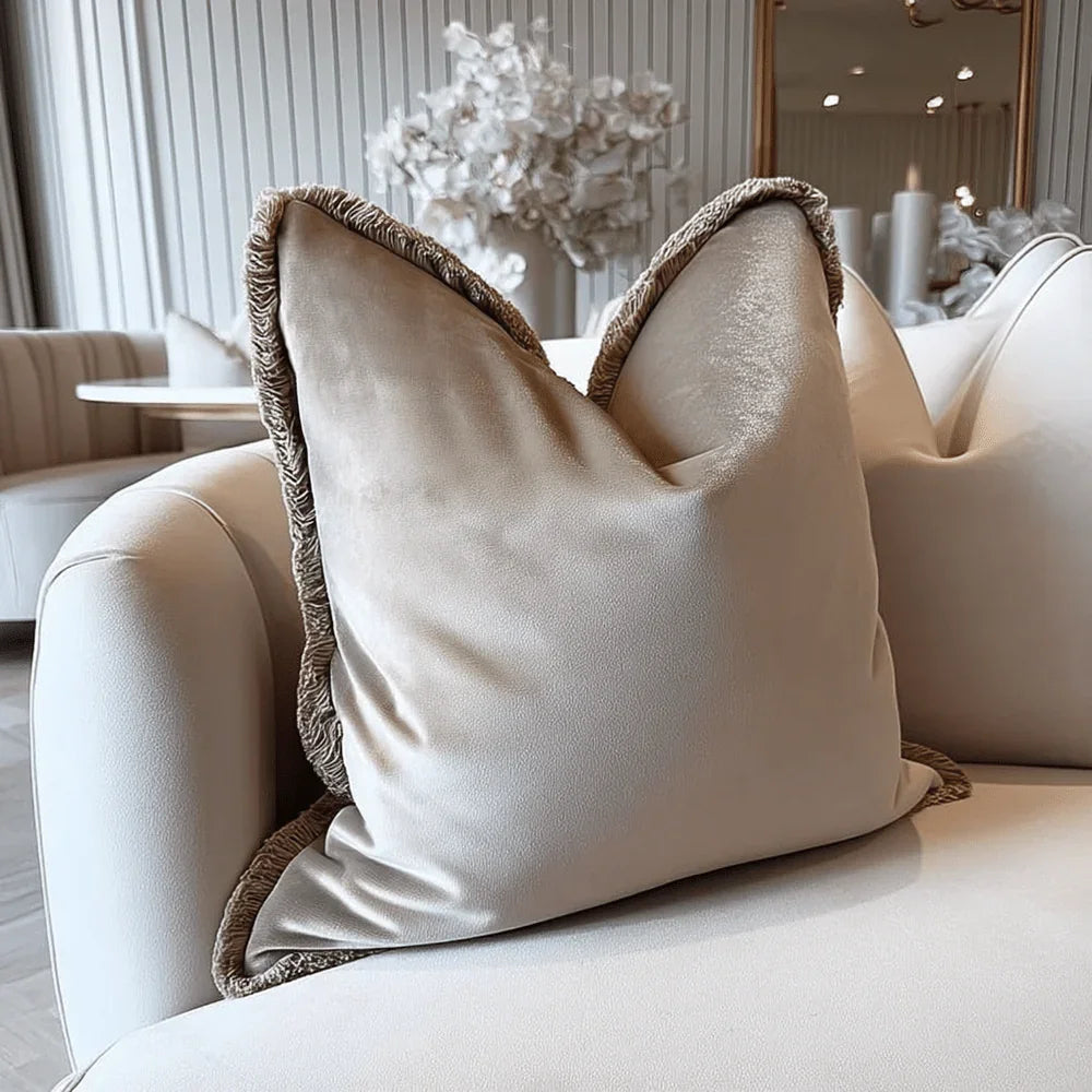 Peri Taupe Velvet Cushion with Fringe — 45x45cm