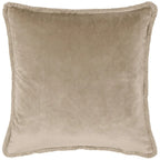 Beige velvet cushion with fringe trim, luxury home decor accent pillow