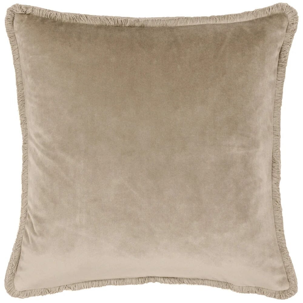 Beige velvet cushion with fringe trim, luxury home decor accent pillow