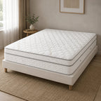 Luxury white quilted mattress on modern bed frame in cozy bedroom setting