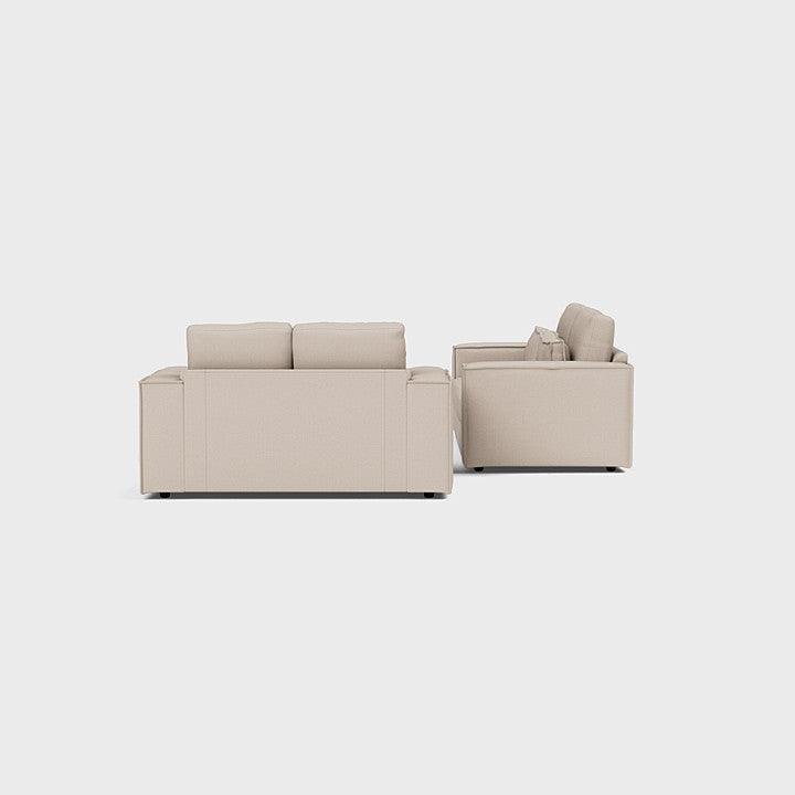 Beige 3 seater and 2 seater modern sofas set on white background, clean lines, plush cushions