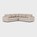 Modern beige double corner sofa with clean lines and plush back cushions on white background