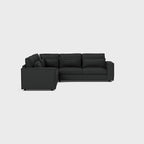 Modern dark grey L-shaped corner sofa with plush cushions on a light background