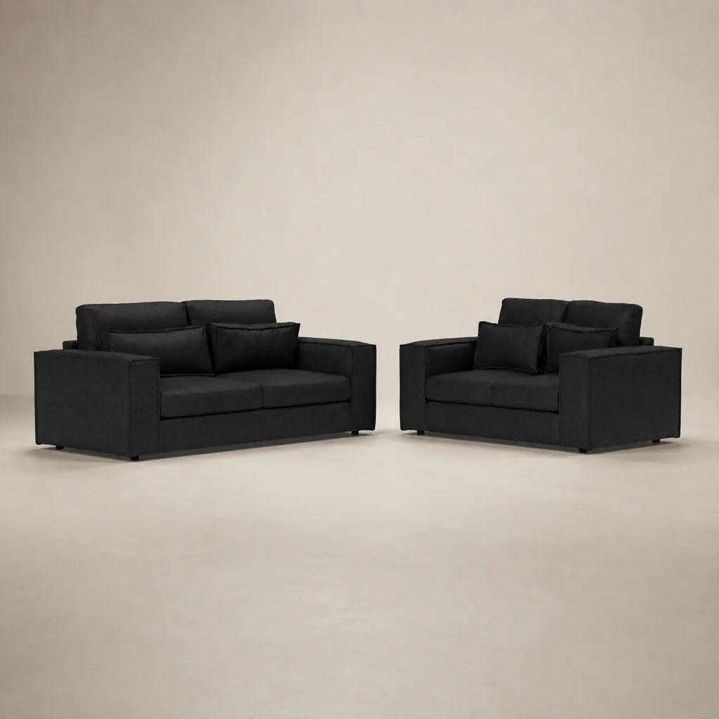 Black fabric sofa set with matching armchair, modern luxury living room furniture