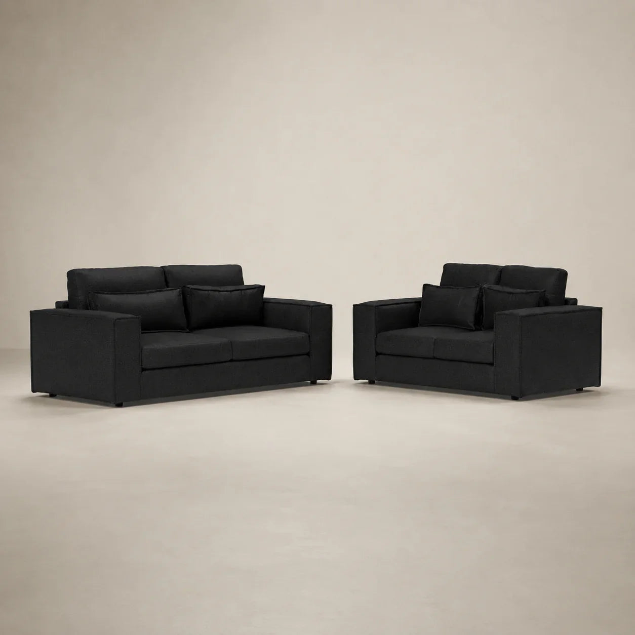 Black fabric sofa set with matching armchair, modern luxury living room furniture