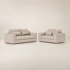 Beige modern sofa and armchair set with plush cushions, perfect for luxury living room furniture