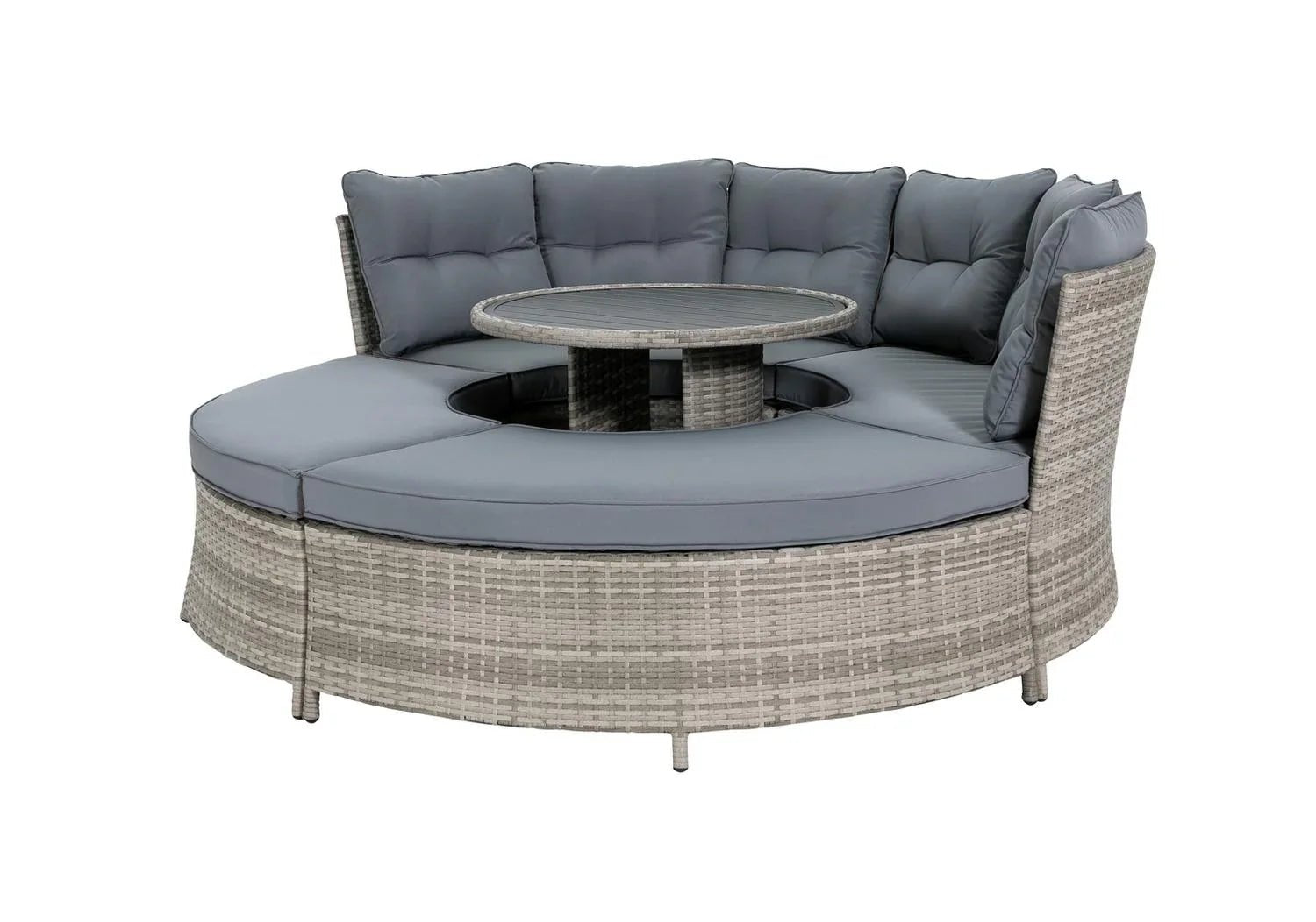 Circular outdoor wicker sofa with grey cushions and central table, perfect for garden lounging