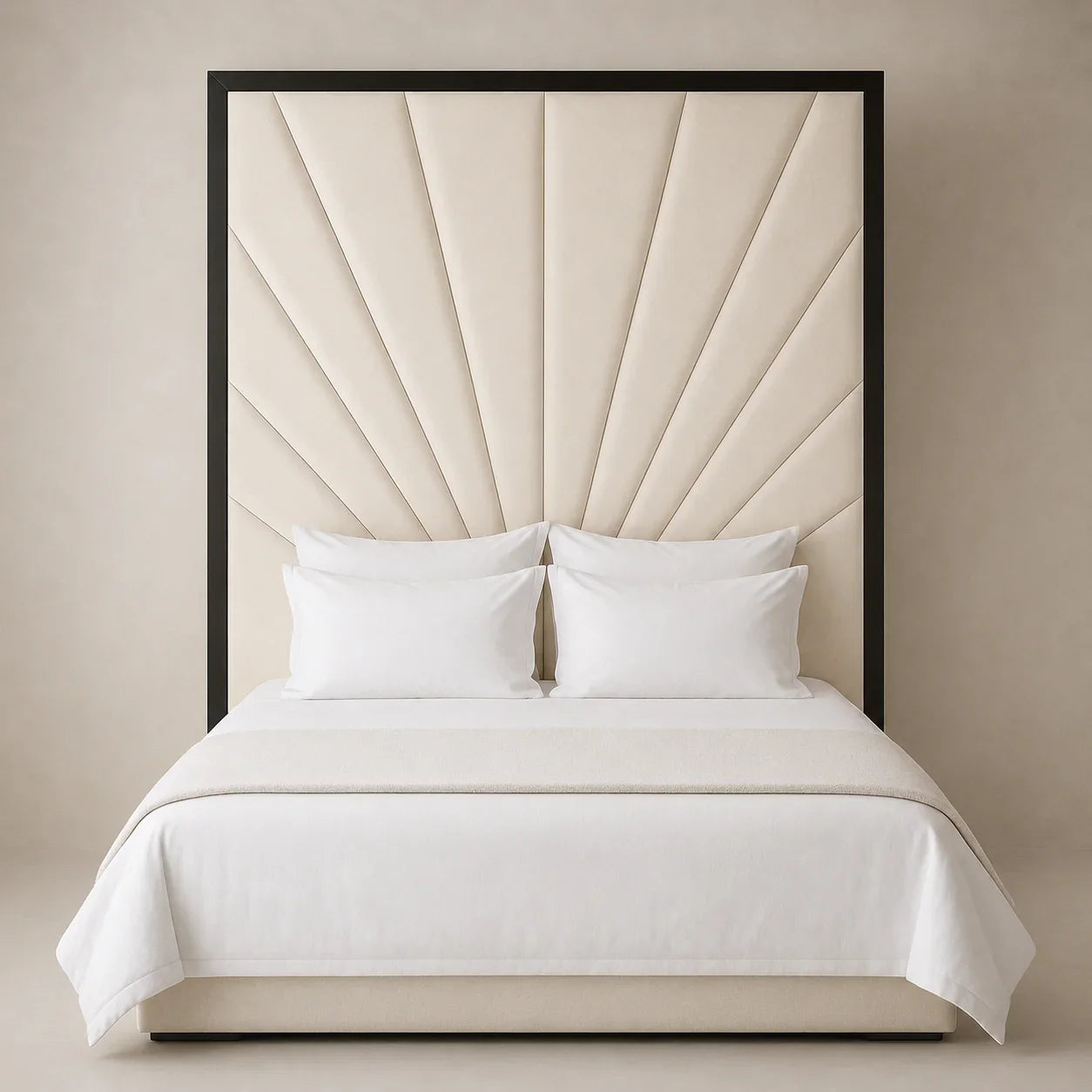 Luxury bed with cream sunburst headboard, white linens, and black frame for modern bedroom