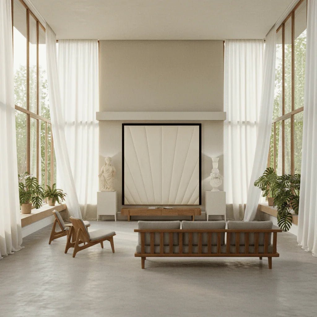 Modern living room with wooden sofa, large windows, sheer curtains, and minimalist decor