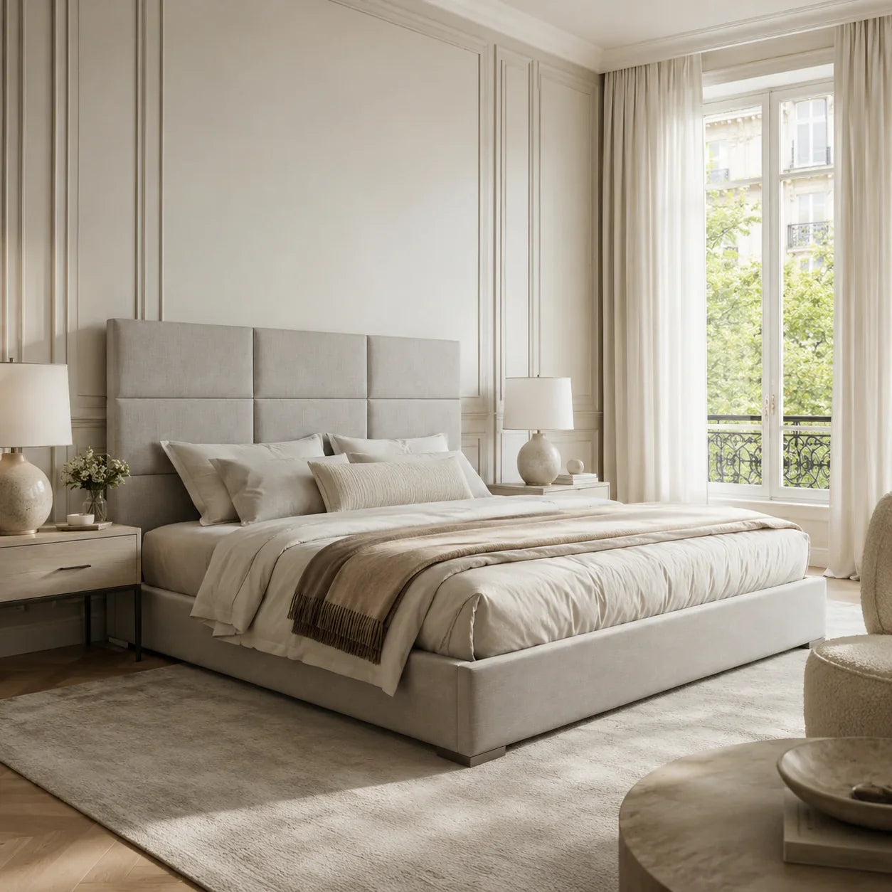Luxury upholstered bed with tufted headboard in neutral tones, styled in elegant bedroom with natural light