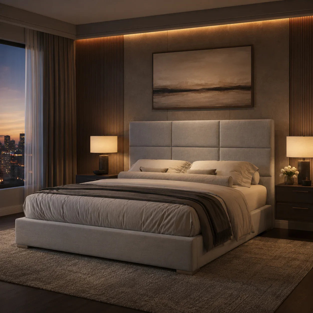 Luxury upholstered bed with tufted headboard in modern bedroom with city view and ambient lighting