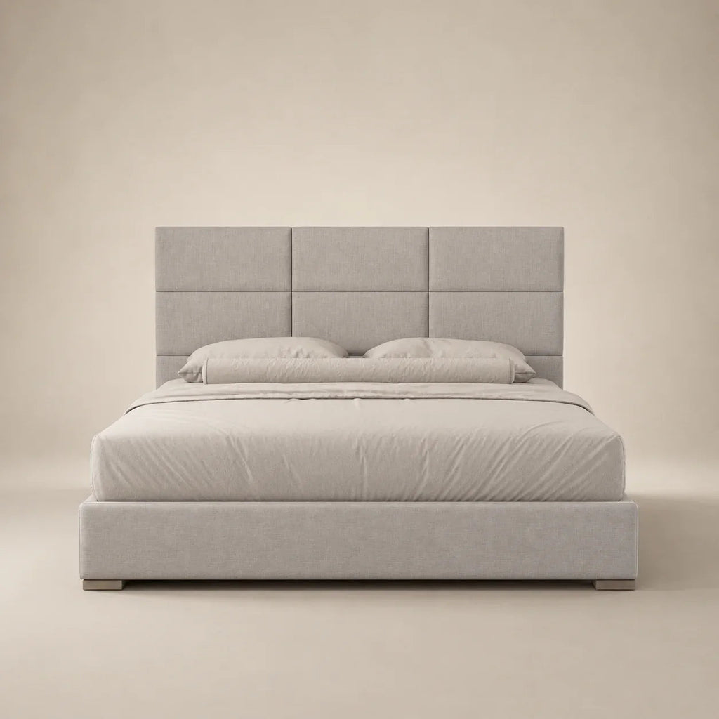 Luxury upholstered bed with tufted headboard, neutral tones, modern design for contemporary bedrooms