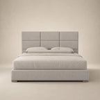 Luxury upholstered bed with tufted headboard, neutral tones, modern design for contemporary bedrooms