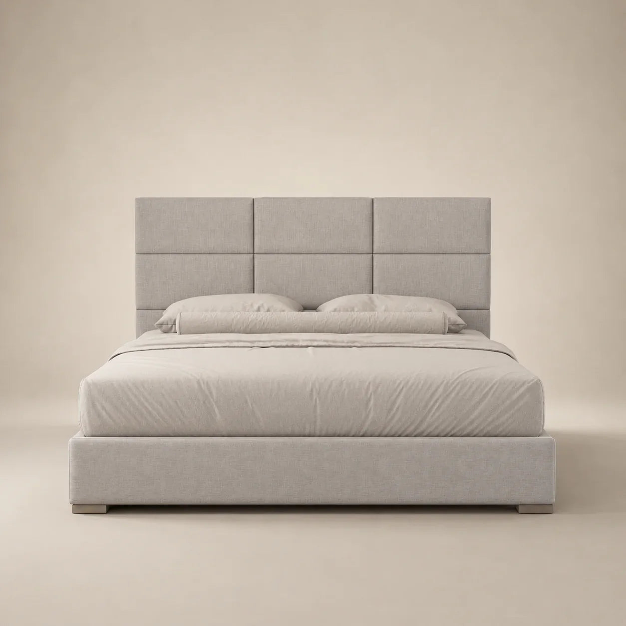 Luxury upholstered bed with tufted headboard, neutral tones, modern design for contemporary bedrooms