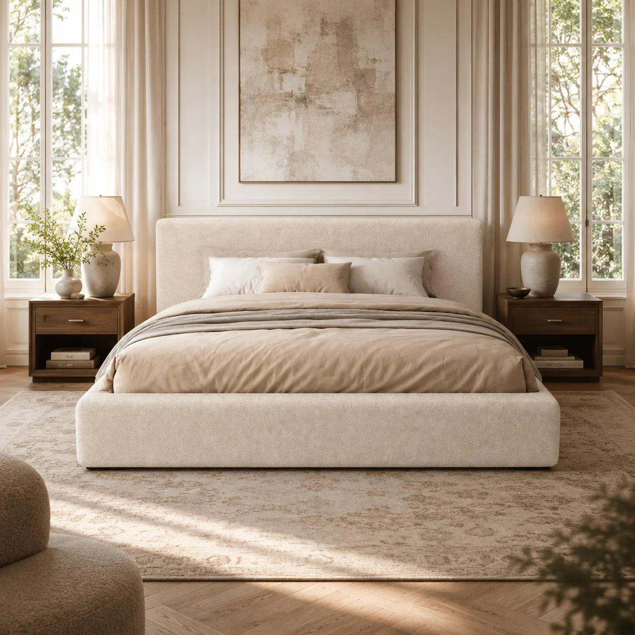 Cream velvet ruffle pillow on luxury bed with quilted bedding and neutral headboard