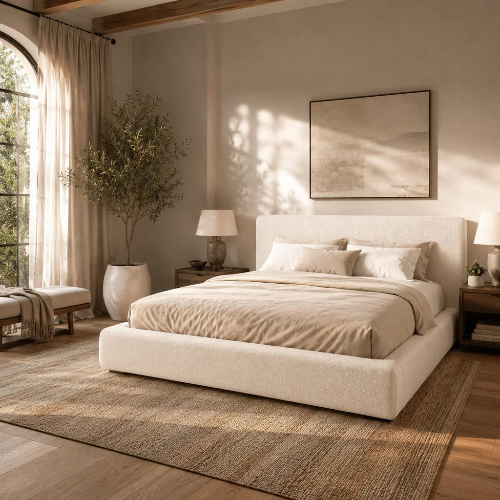 Luxury upholstered bed in neutral tones, styled in a sunlit bedroom with wooden beams and natural textures.