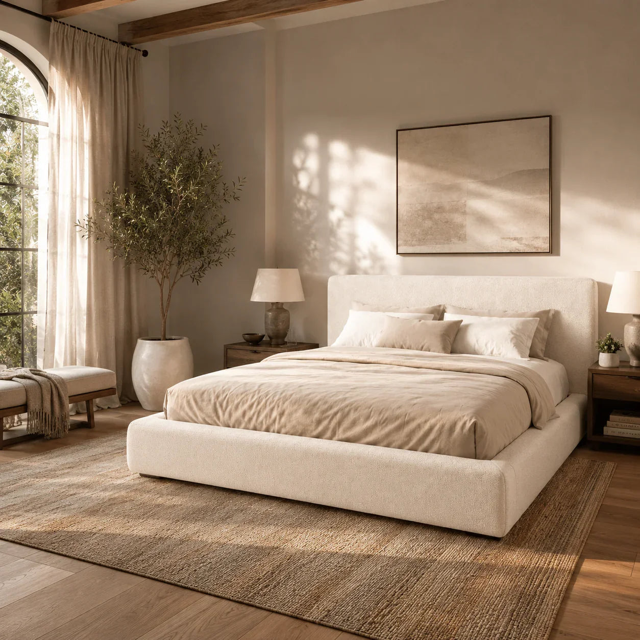 Luxury upholstered bed in neutral tones, styled in a sunlit bedroom with wooden beams and natural textures.