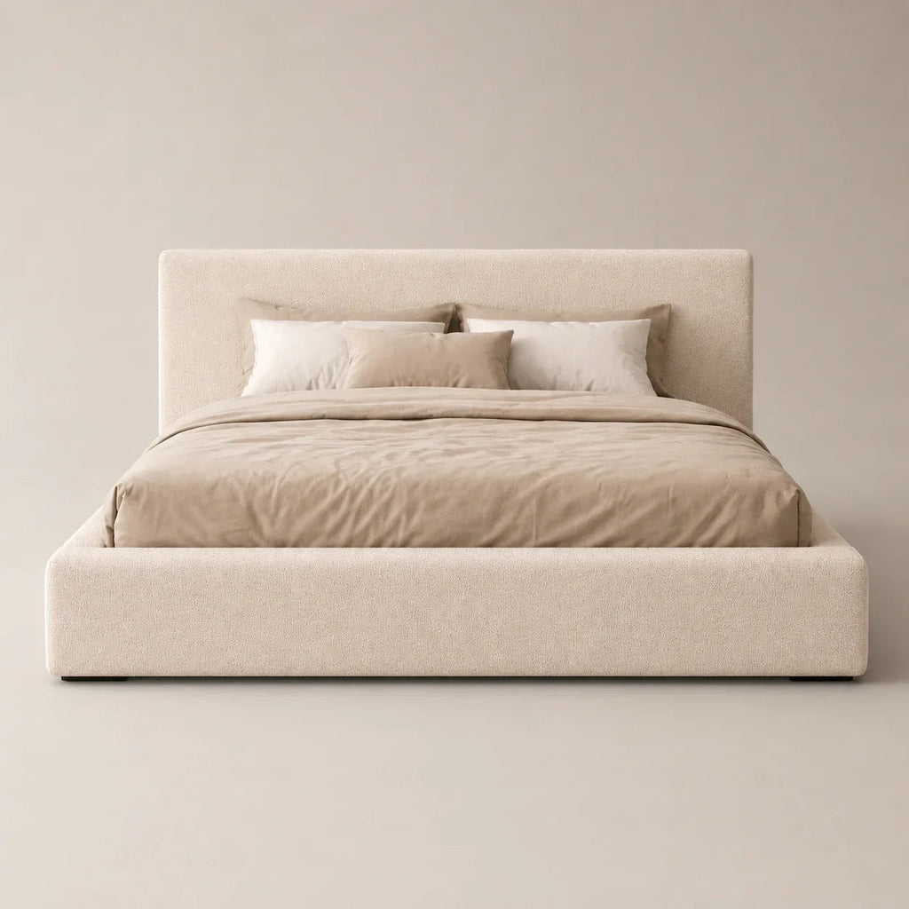 Luxury upholstered bed frame with neutral bedding, modern minimalist design for contemporary bedrooms