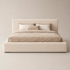 Luxury upholstered bed frame with neutral bedding, modern minimalist design for contemporary bedrooms