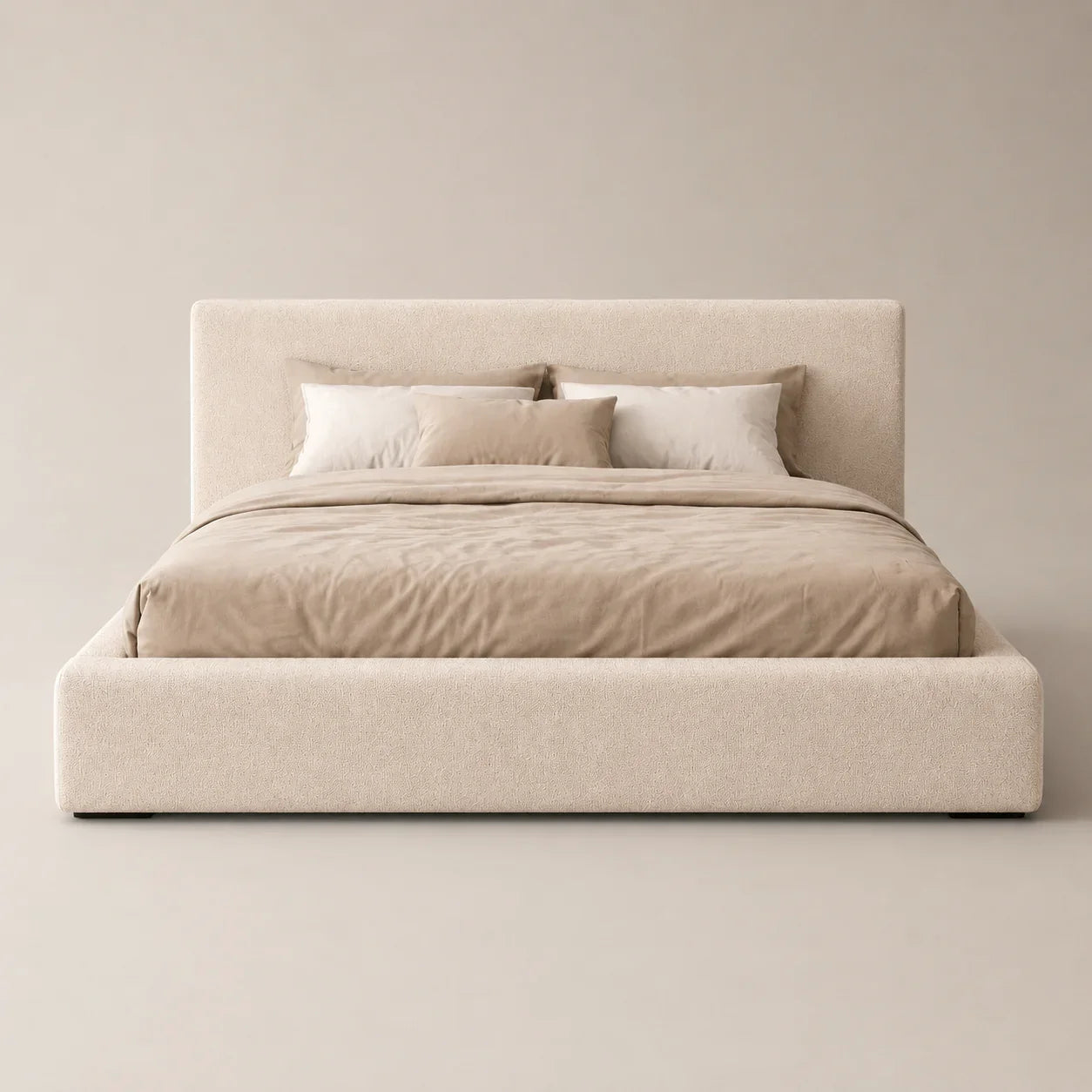 Luxury upholstered bed frame with neutral bedding, modern minimalist design for contemporary bedrooms