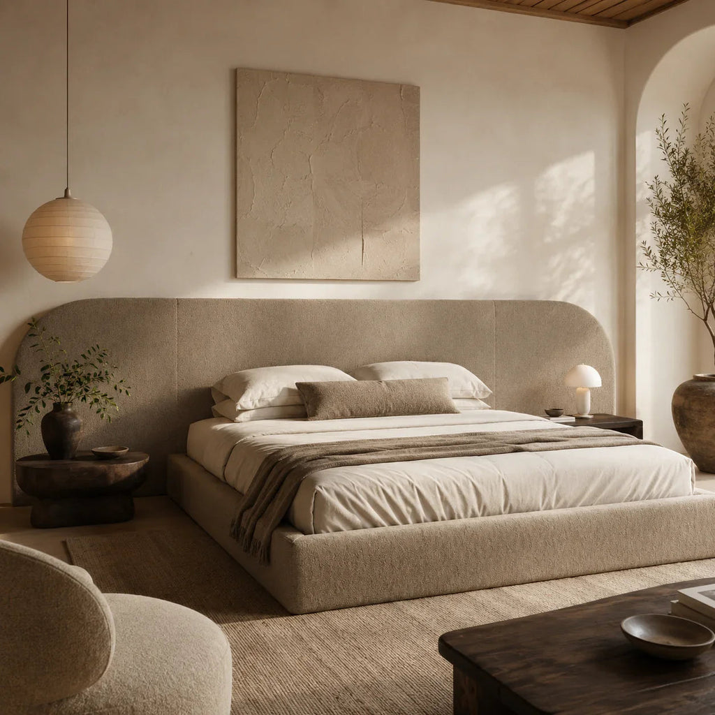 Luxury upholstered bed with curved headboard in neutral tones, styled with linen bedding and modern bedside lamps