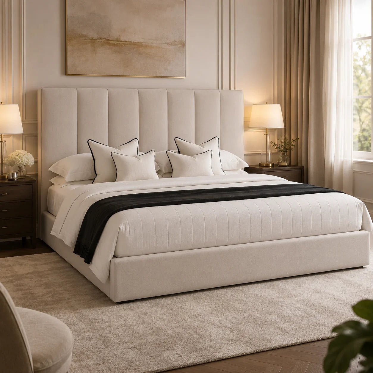 Luxury upholstered bed with tufted headboard, white bedding, and black throw in elegant bedroom