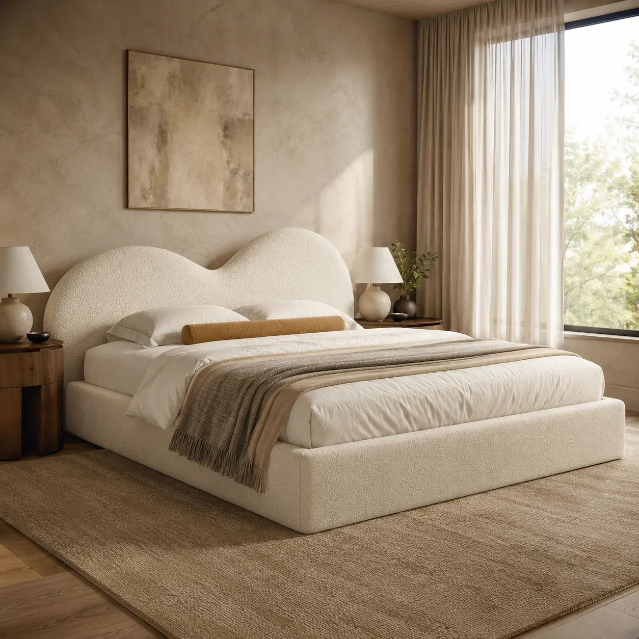 Luxury upholstered bed with curved headboard in neutral bedroom, perfect for modern interiors