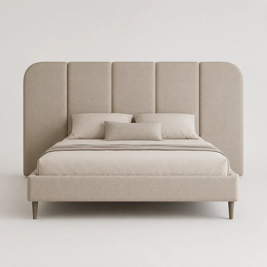 Luxury upholstered bed with tufted headboard, neutral tones, modern design for contemporary bedrooms