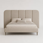 Luxury upholstered bed with tufted headboard, neutral tones, modern design for contemporary bedrooms