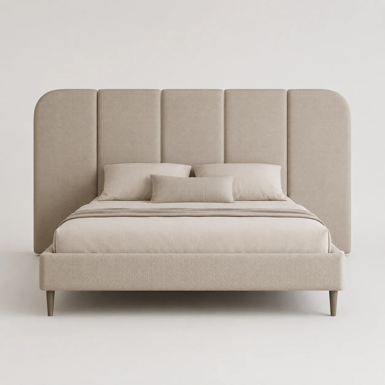 Luxury upholstered bed with tufted headboard, neutral tones, modern design for contemporary bedrooms