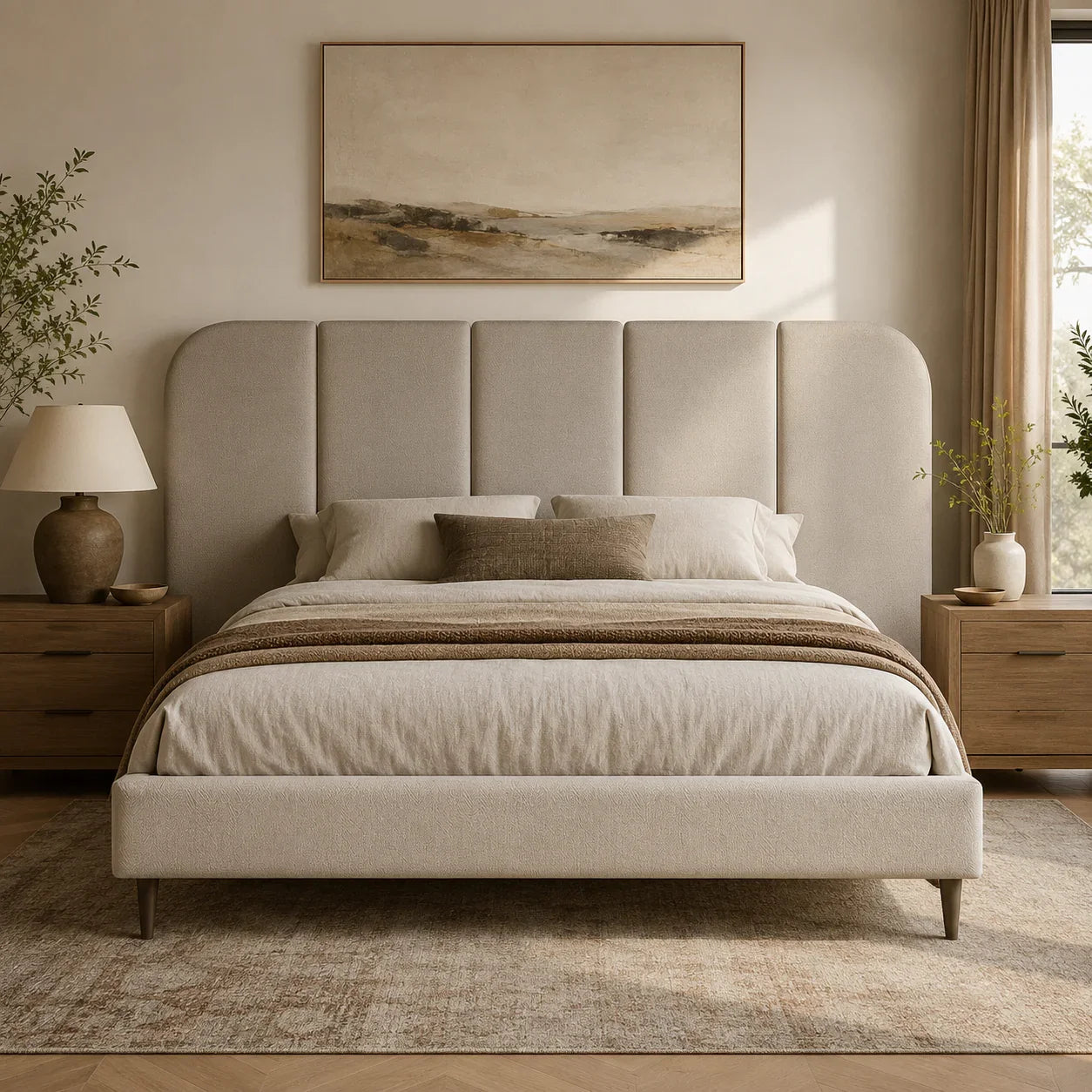 Luxury upholstered bed with tufted headboard in neutral tones, styled with bedding and bedside tables for modern bedroom