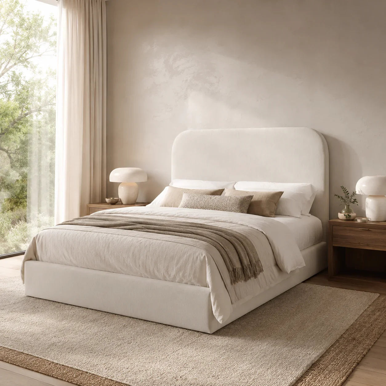 Luxury upholstered bed with neutral bedding, modern bedside tables, and natural light in a serene bedroom