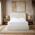 Luxury upholstered bed with white linens in modern bedroom, ideal for UK home interiors
