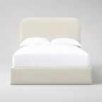 Luxury upholstered bed frame with white bedding, modern minimalist design for contemporary bedrooms