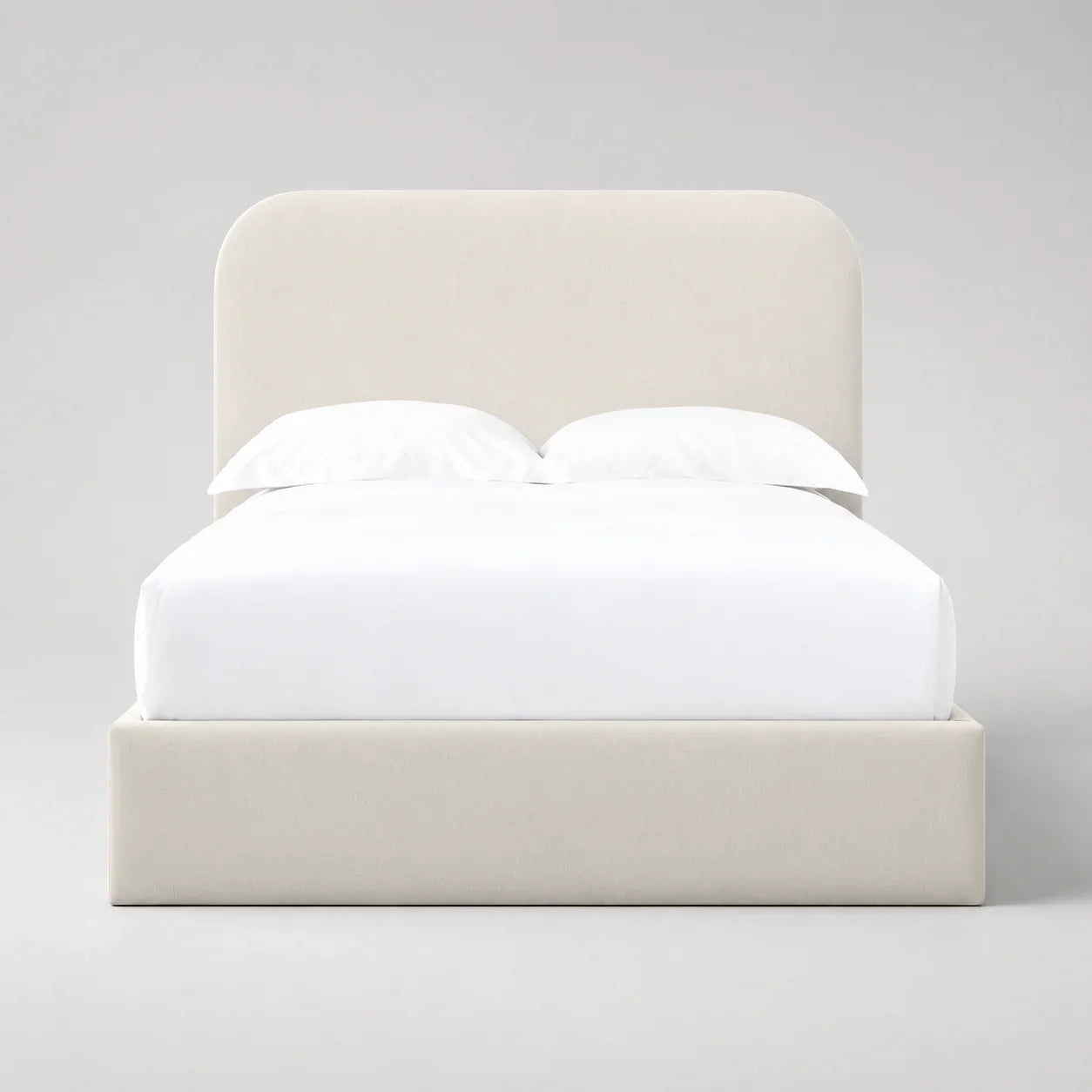 Luxury upholstered bed frame with white bedding, modern minimalist design for contemporary bedrooms