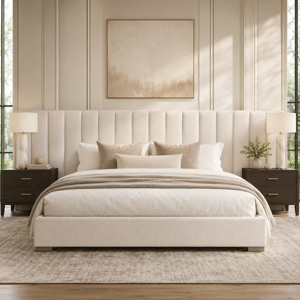 Luxury beige upholstered bed with tufted headboard, matching nightstands, and soft bedding in modern bedroom