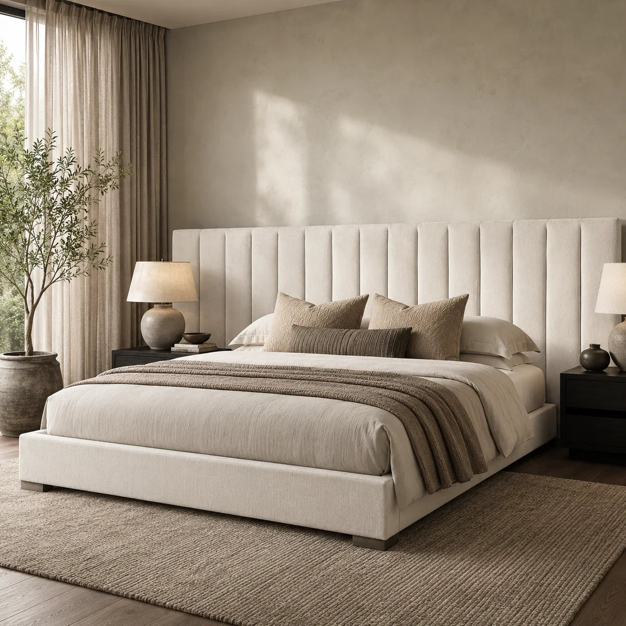 Luxury upholstered bed with tufted headboard, neutral bedding, and modern bedside lamps in a serene bedroom.