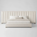 Luxury upholstered bed with tall panel headboard, neutral bedding, modern bedroom furniture