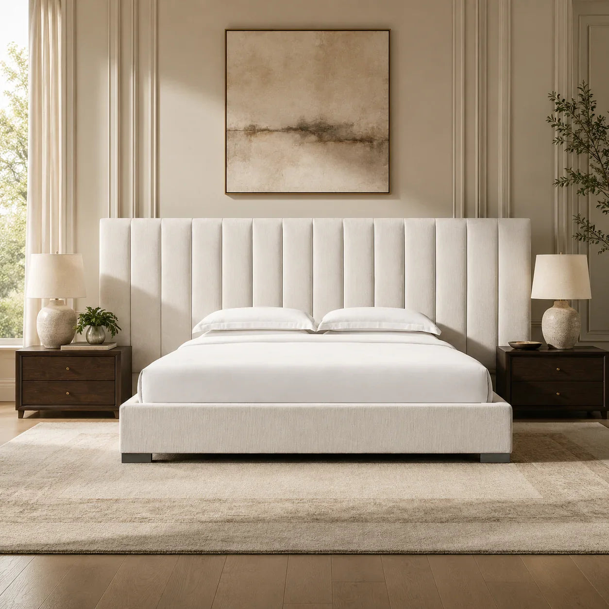 Luxury upholstered bed with tufted headboard, white linens, and dark wood nightstands in a modern bedroom