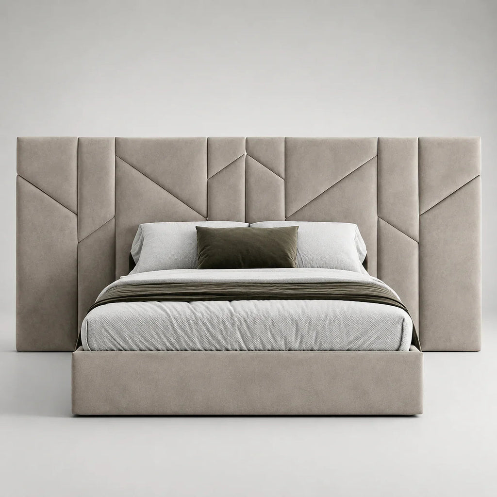 Luxury upholstered bed with geometric headboard, neutral tones, modern bedroom furniture