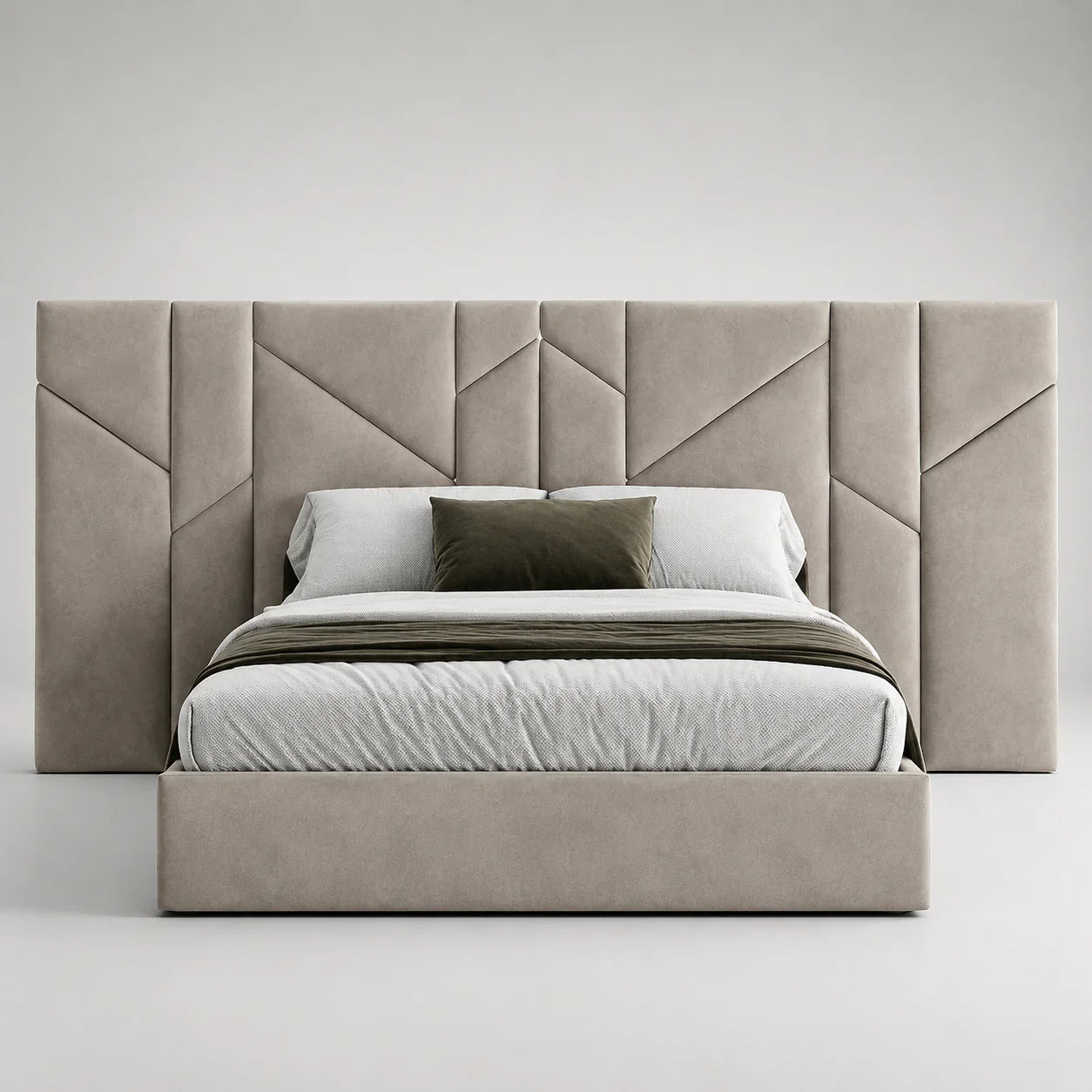 Luxury upholstered bed with geometric headboard, neutral tones, modern bedroom furniture