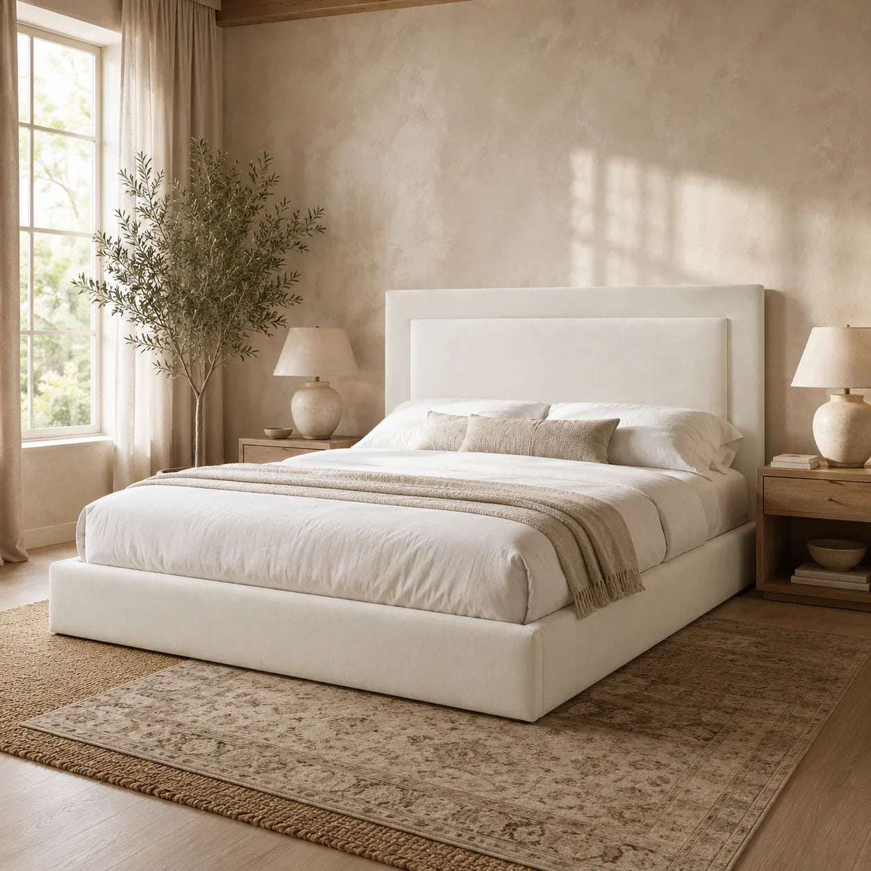 Luxury upholstered bed with white bedding, wooden nightstands, and natural light in a serene bedroom