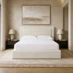 Luxury cream upholstered bed frame with white linens in modern bedroom, ideal for UK homes