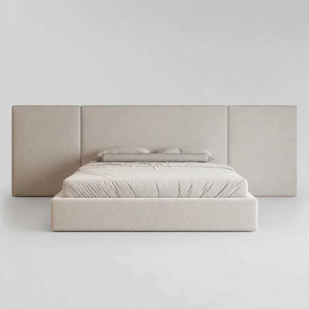 Modern luxury upholstered bed with segmented headboard, neutral tones, minimalist design for contemporary bedrooms