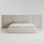 Modern luxury upholstered bed with segmented headboard, neutral tones, minimalist design for contemporary bedrooms
