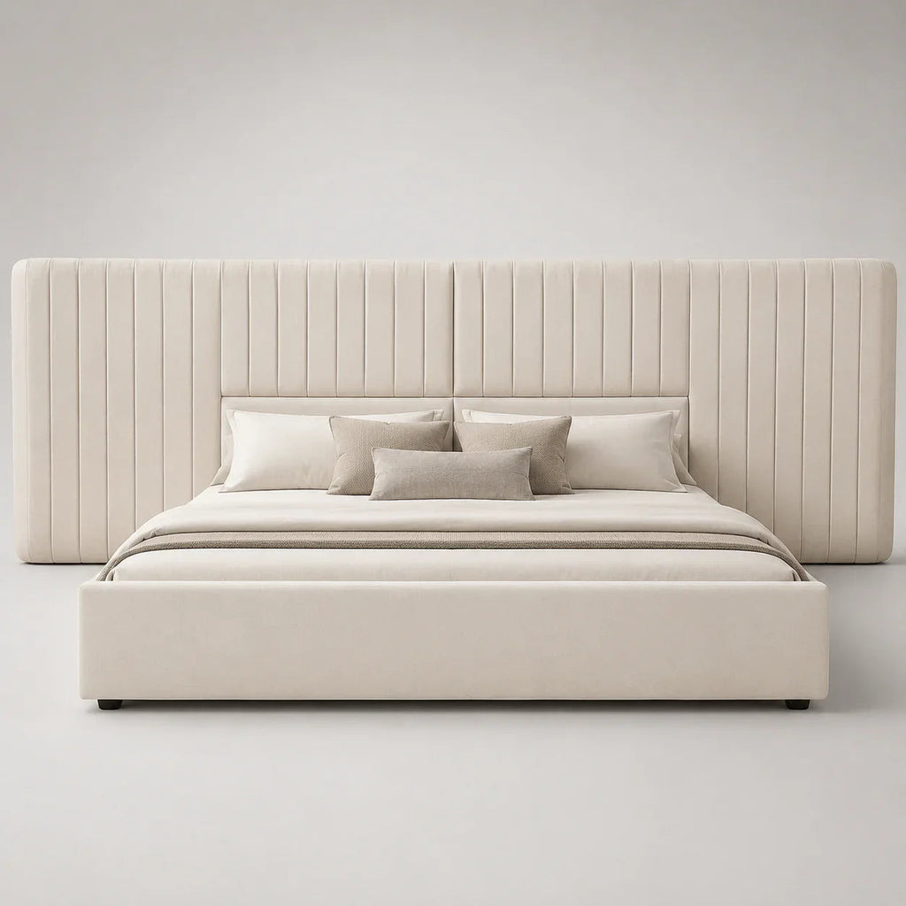 Luxury beige upholstered bed with tall tufted headboard and neutral bedding, modern bedroom furniture