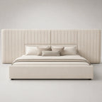 Luxury beige upholstered bed with tall tufted headboard and neutral bedding, modern bedroom furniture