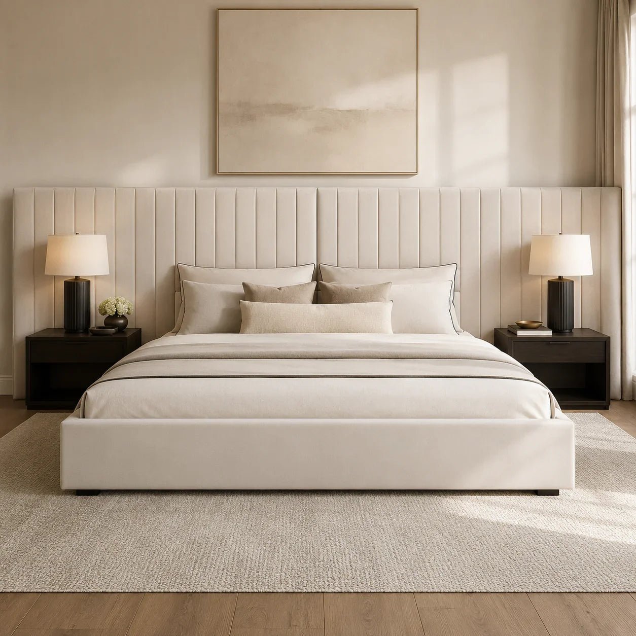 Luxury upholstered bed with tufted headboard, neutral bedding, and modern nightstands in a serene bedroom