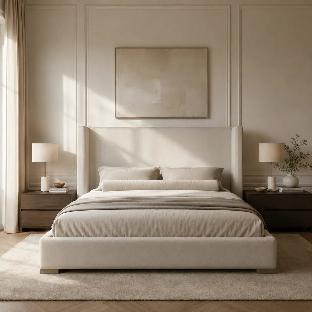 Luxury upholstered bed with neutral bedding in modern bedroom, featuring nightstands and soft lighting