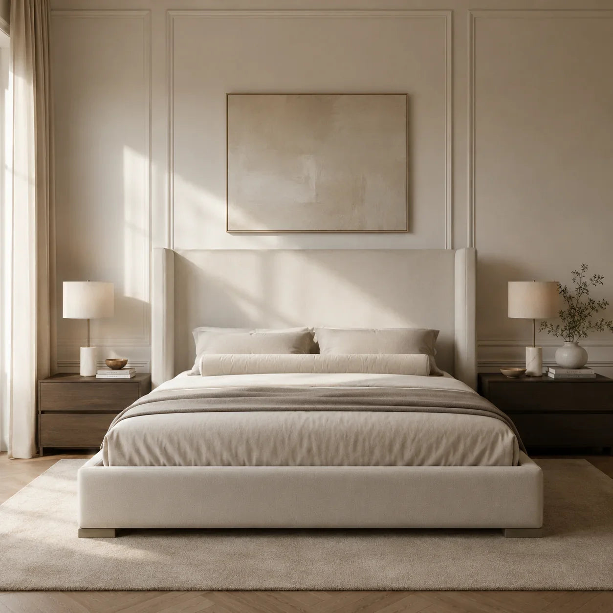 Luxury upholstered bed with neutral bedding in modern bedroom, featuring nightstands and soft lighting